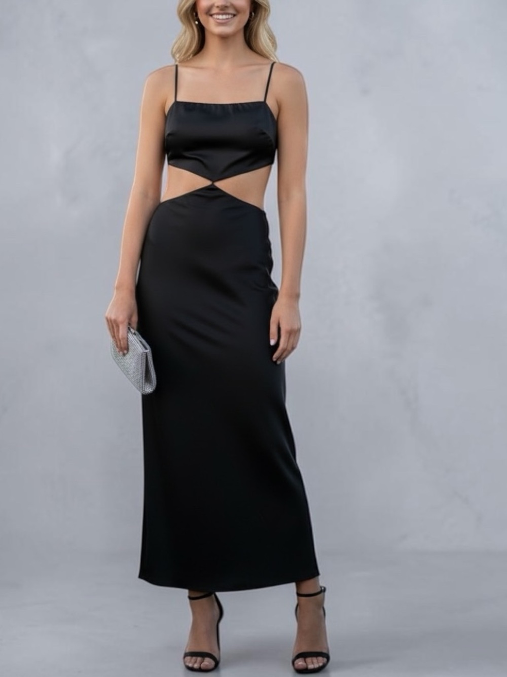 Hello Molly Black Satin Cutout Maxi Slip Dress